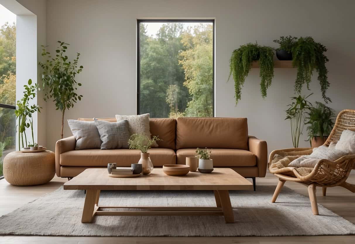 A modern living room with eco-friendly furniture, featuring natural materials and minimalist design. Recyclable materials are visible, such as wood, bamboo, and metal
