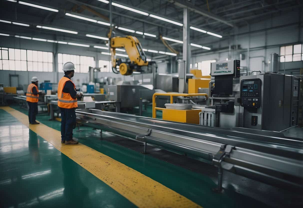 A factory floor with eco-friendly materials, efficient machinery, and workers wearing protective gear. Waste management and recycling stations are visible