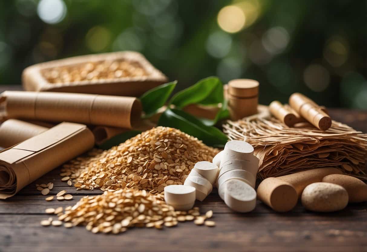 A pile of sustainable materials: bamboo, cork, recycled paper, and biodegradable plastic, arranged neatly on a wooden table