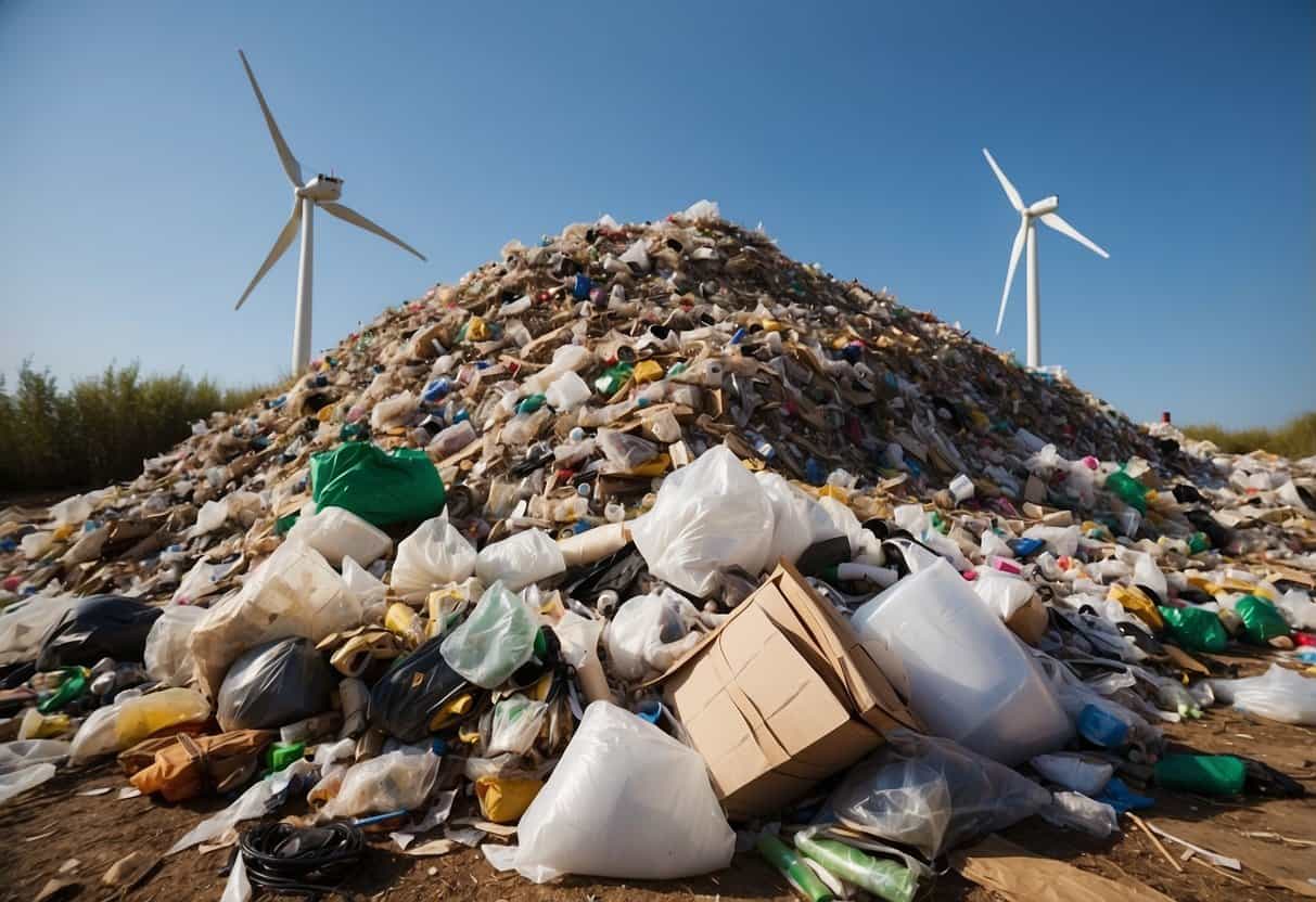 A pile of discarded plastic and paper waste, alongside renewable materials like bamboo and recycled fabric. A factory emitting pollution contrasts with a wind turbine and solar panels