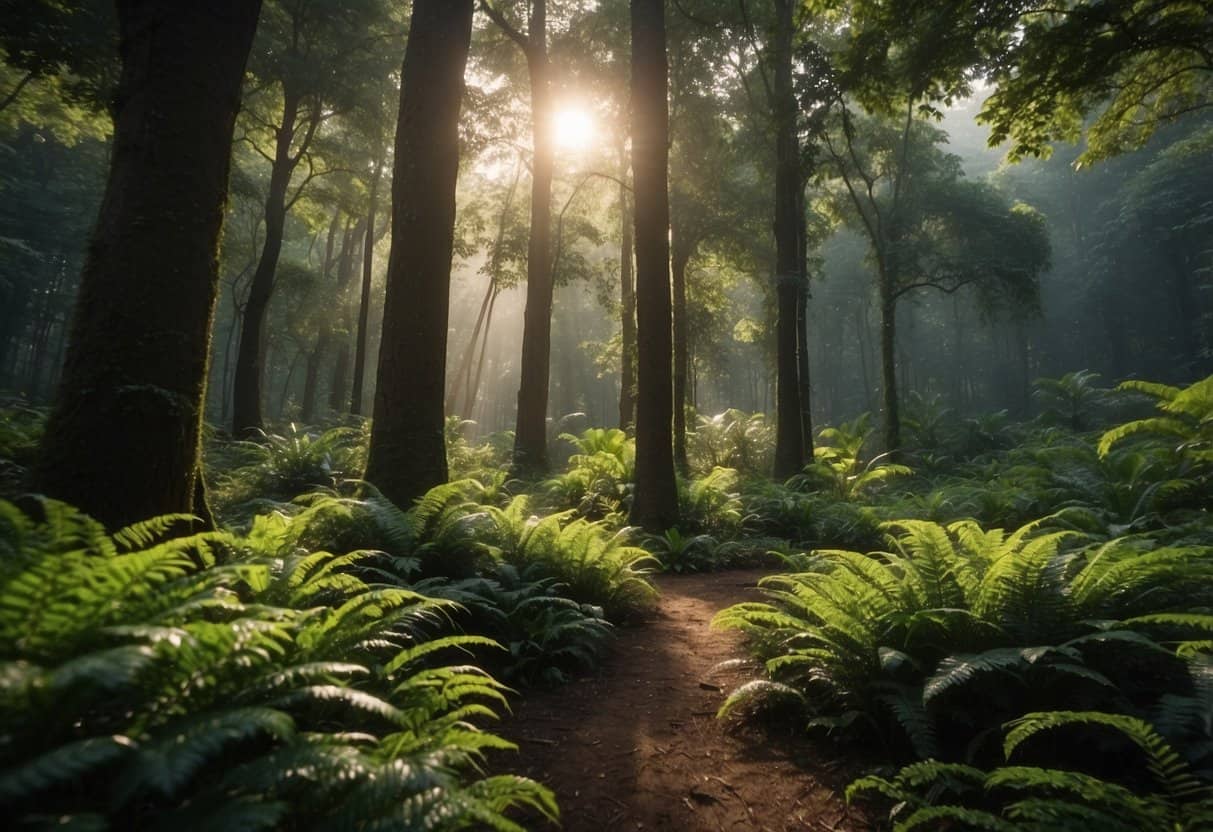 A lush forest with diverse tree species, some being harvested sustainably, while others are left untouched to promote biodiversity and conservation