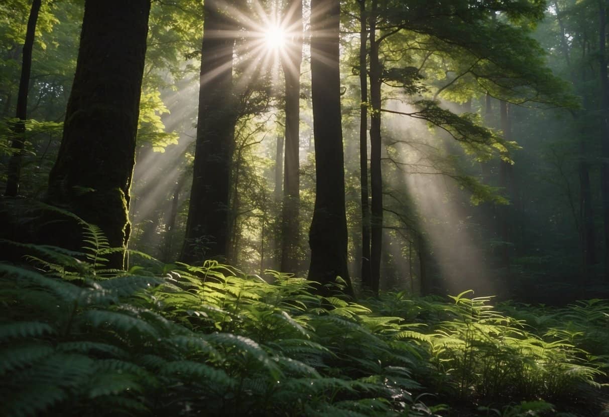 Lush green forest with tall, healthy trees. Sunlight filters through the canopy, highlighting diverse plant life on the forest floor