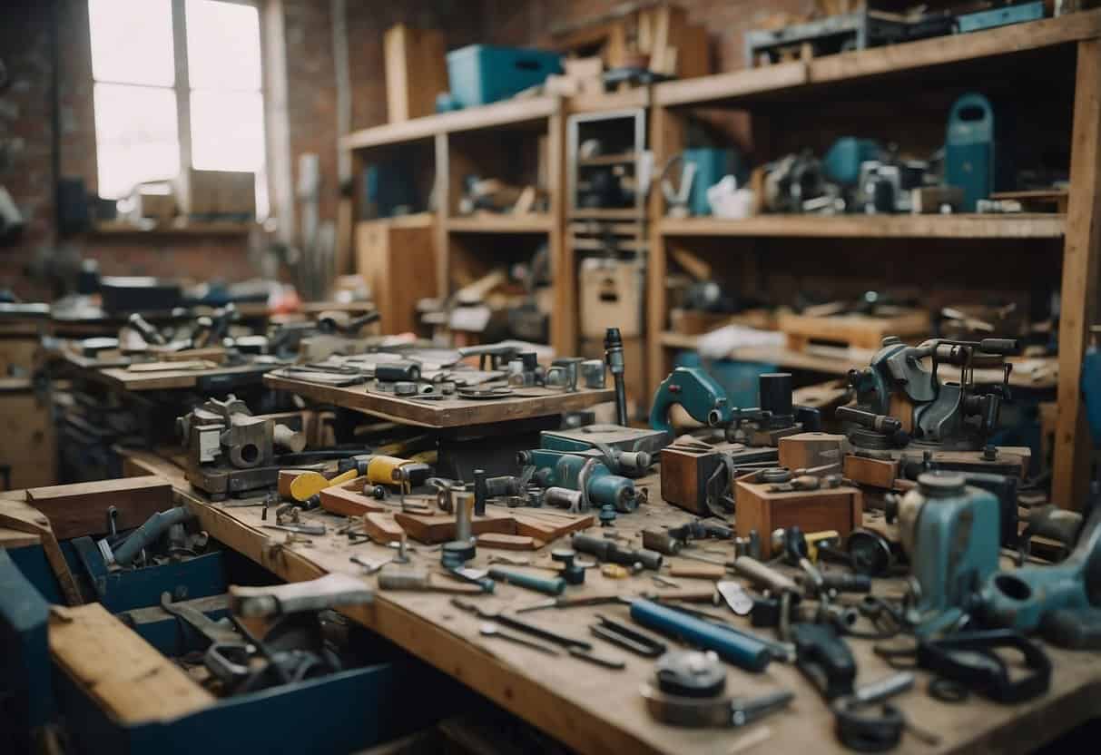 A workshop filled with discarded materials transformed into unique furniture pieces. Tools and creativity at work