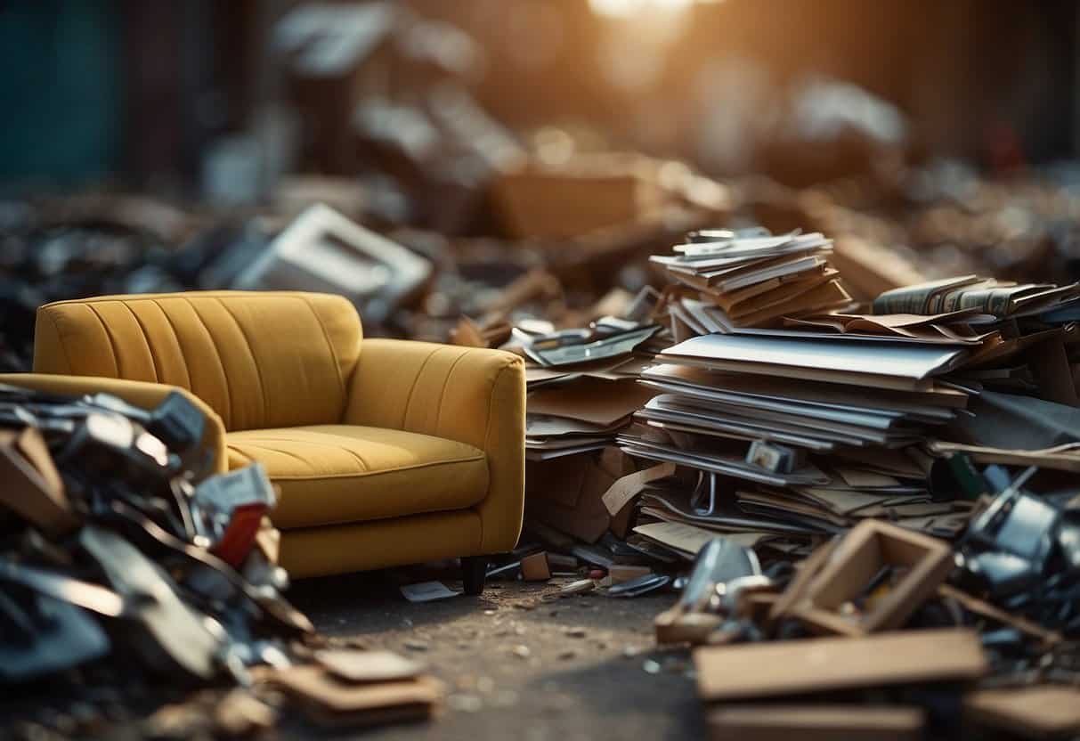 A pile of discarded materials transformed into stylish furniture pieces, showcasing creativity and sustainability
