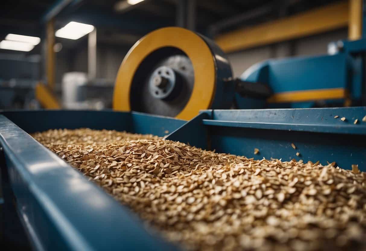 A conveyor belt carries discarded wood to a large shredder. Workers load pieces into the machine, which grinds them into small chips for recycling