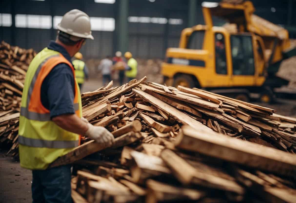 A pile of discarded wood is sorted and processed by machinery in a recycling facility, with workers overseeing the process