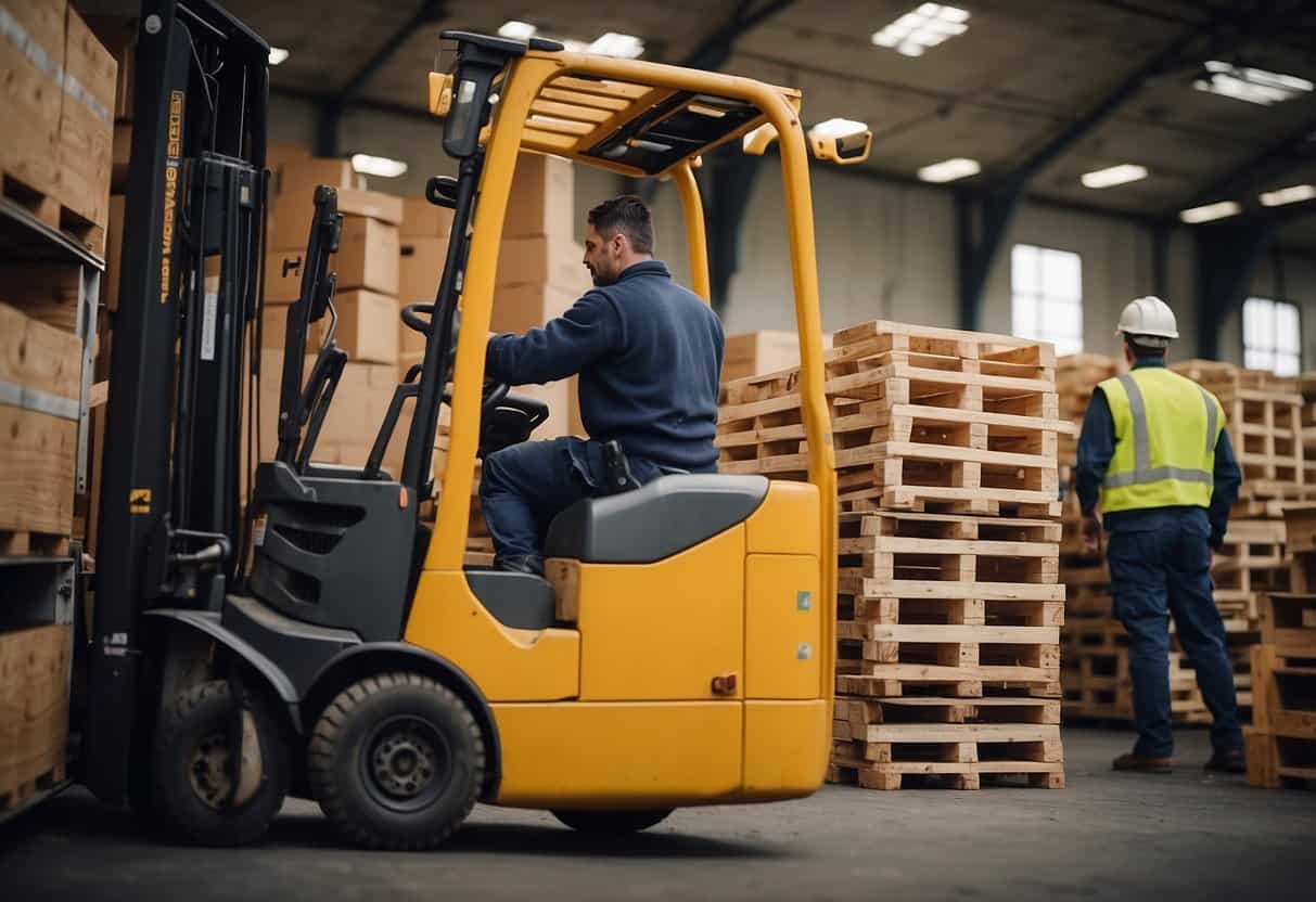 A stack of wooden pallets being collected and loaded onto a recycling truck by workers in a warehouse