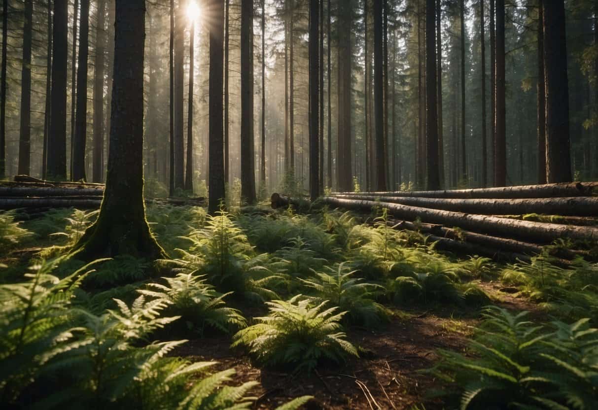 A dense forest with diverse tree species, showing sustainable logging practices and replanted saplings. Clear signs of regrowth and conservation efforts