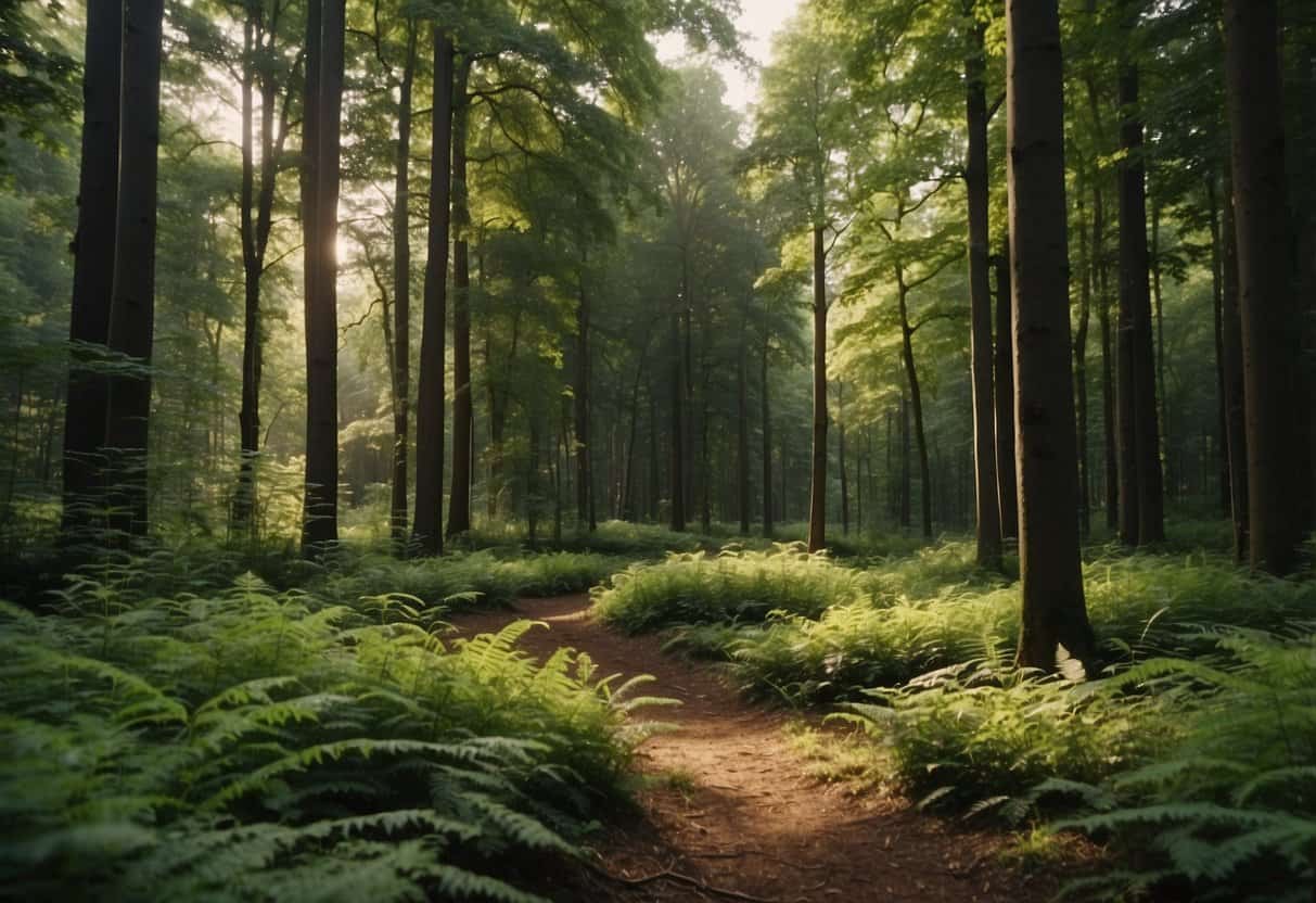 Lush green forest with diverse tree species, wildlife, and clean air. Sustainable wood harvesting and replanting efforts evident