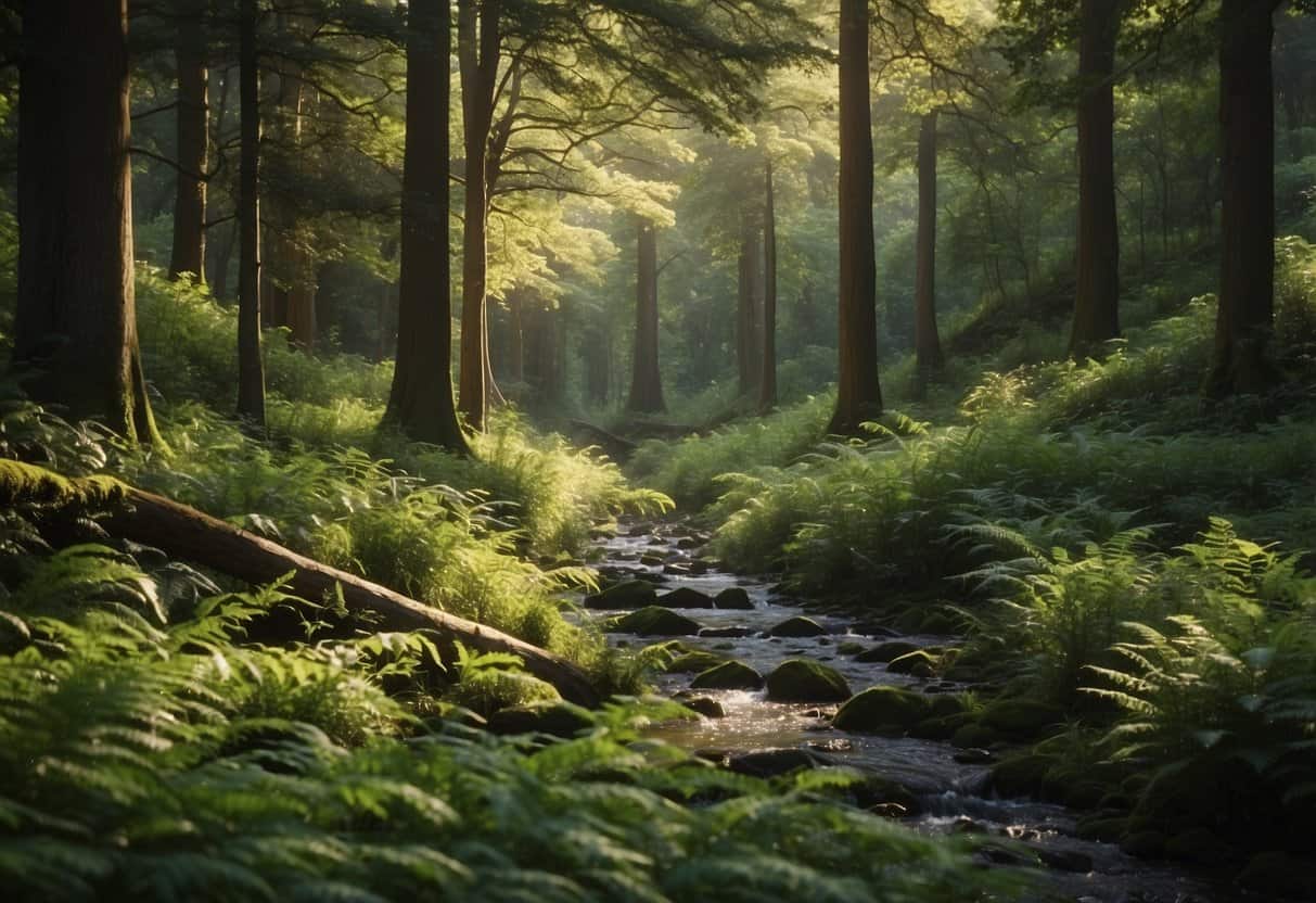 A lush forest with tall, healthy trees, surrounded by diverse wildlife and clear streams, showcasing the abundance and beauty of sustainable wood resources