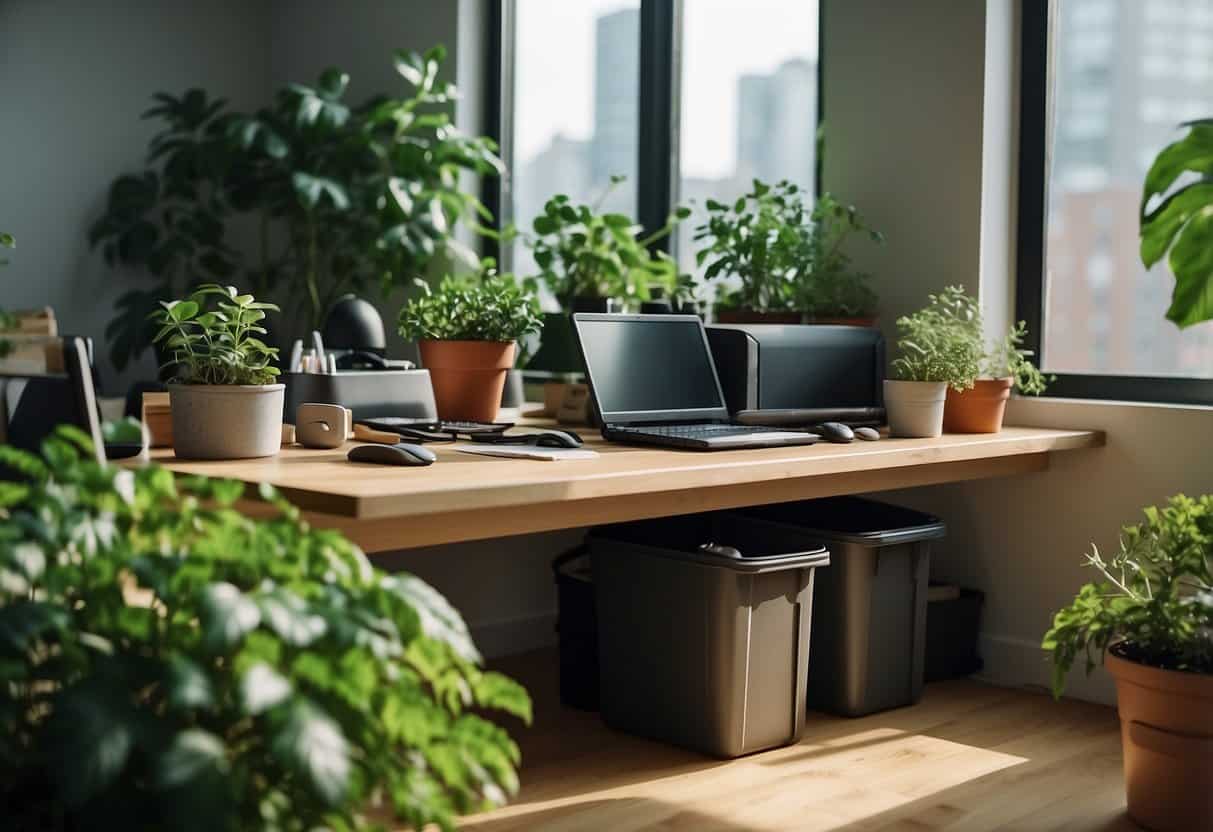 A cluttered desk with reusable materials, a recycling bin, and a composting bin, surrounded by green plants and natural light