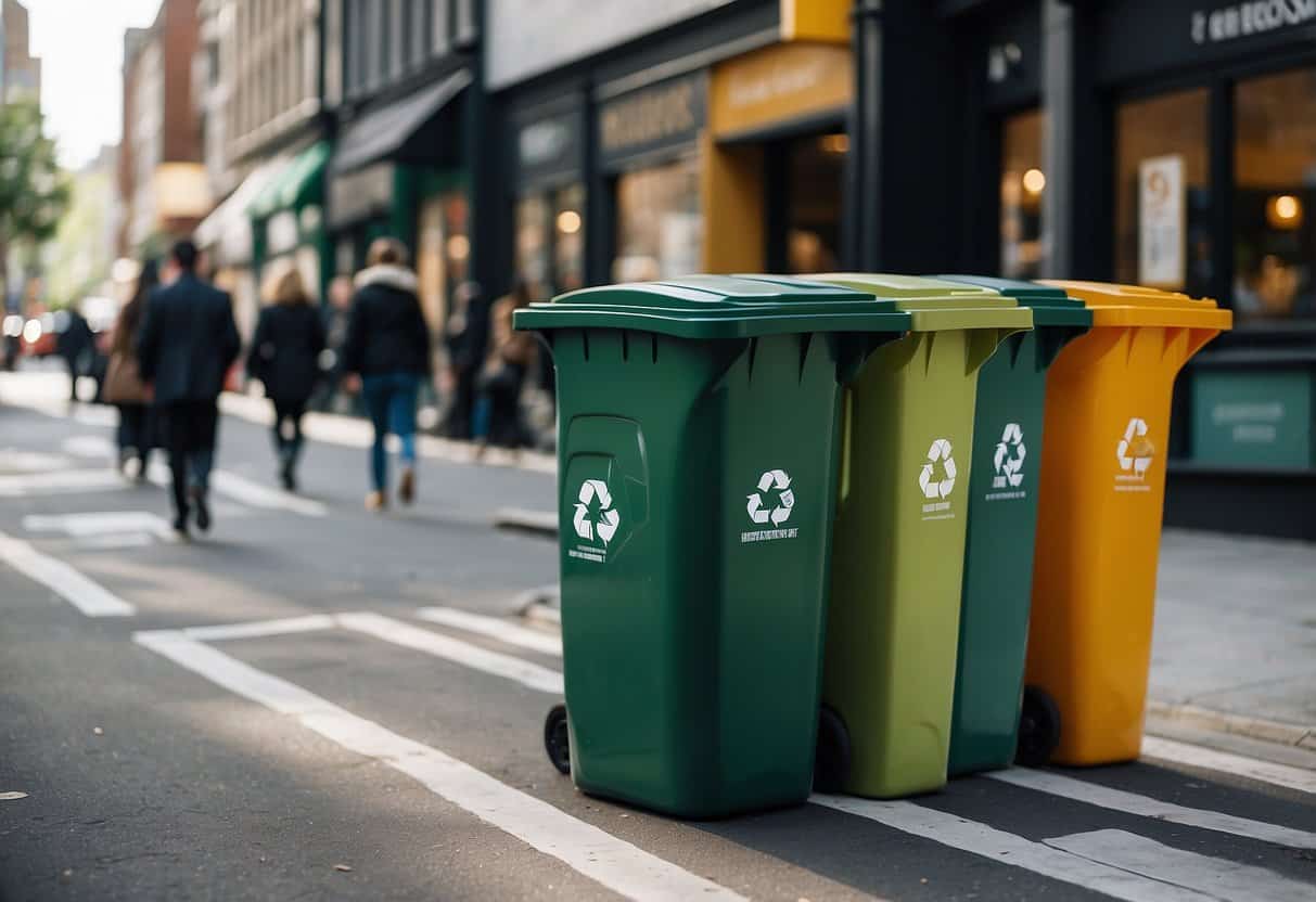 A bustling city street with recycling bins, composting areas, and people using reusable bags and containers. Businesses display zero-waste signage and eco-friendly products