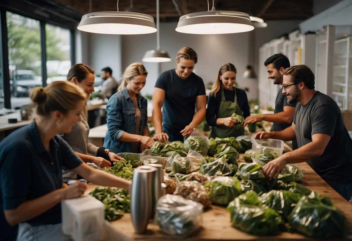People gather around a table, sorting and repurposing materials. Recycling bins and composting stations are nearby. Zero-waste posters adorn the walls