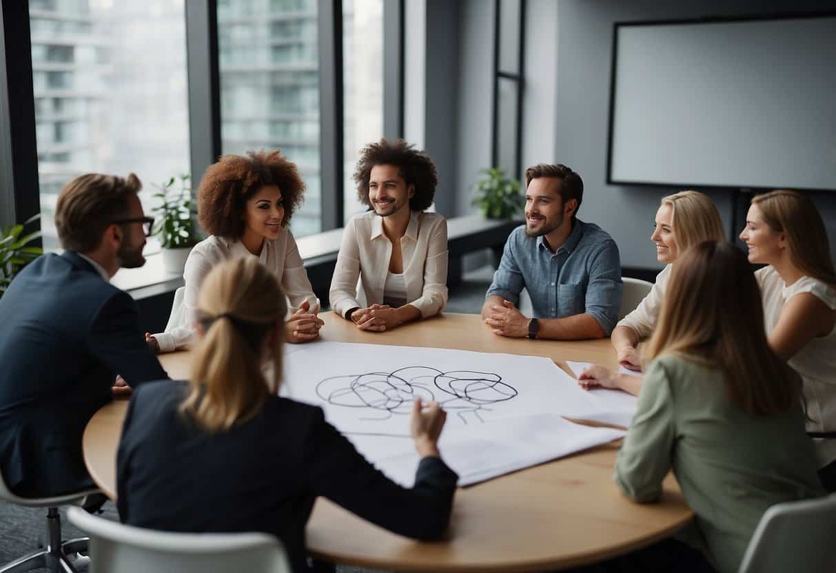 Participants sit in a circle, discussing eco-friendly practices. A whiteboard displays tips for reducing waste. Tables hold reusable materials for hands-on activities