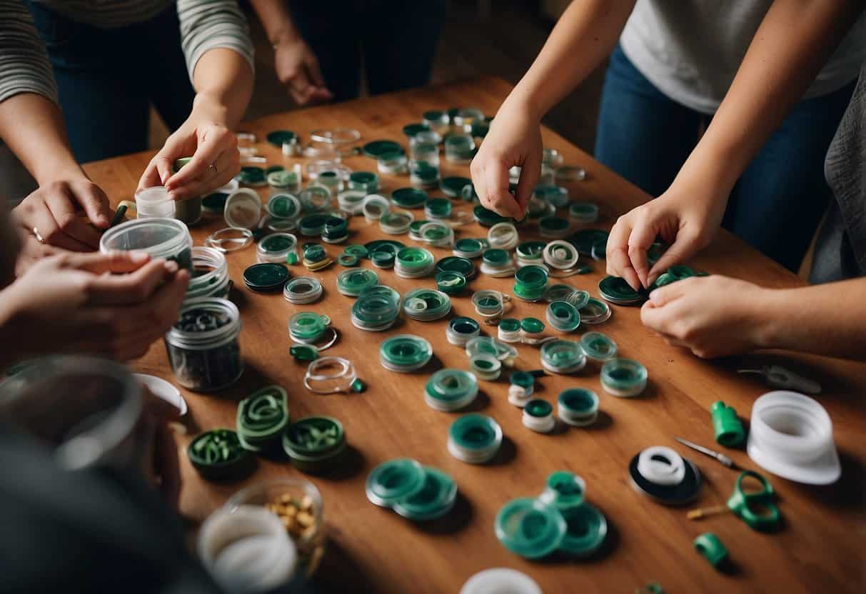 A table filled with reusable materials, scissors, and glue. A group of people gathered around, engaged in crafting and discussing sustainability
