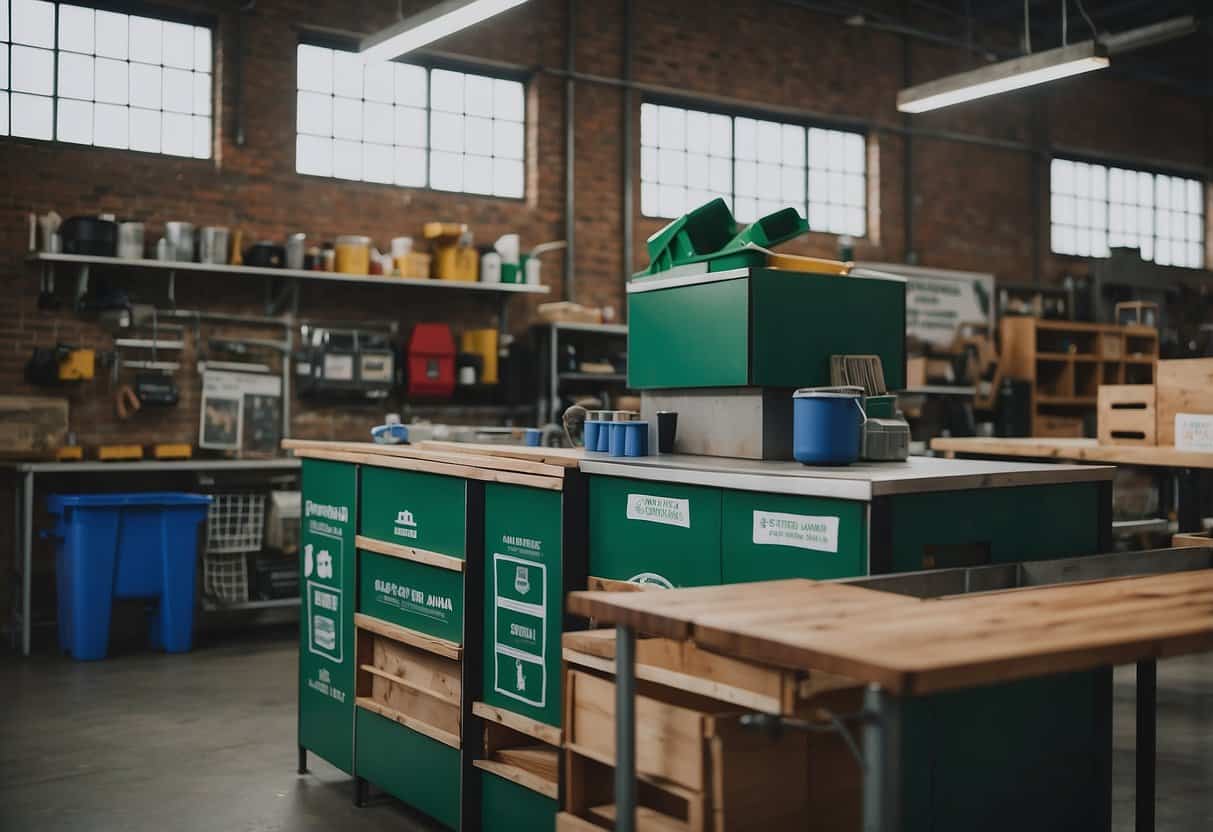 A workshop scene with reusable materials, compost bins, and recycling stations. Zero-waste signage and educational posters adorn the walls